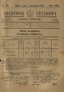 Orędownik Urzędowy Powiatu Śremskiego. 1926.12.01 R.8 Nr94