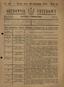 Orędownik Urzędowy Powiatu Śremskiego. 1927.04.30 R.9 Nr35