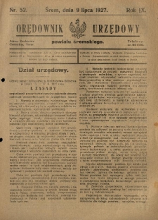 Orędownik Urzędowy Powiatu Śremskiego. 1927.07.09 R.9 Nr52