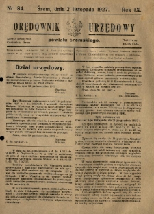 Orędownik Urzędowy Powiatu Śremskiego. 1927.11.02 R.9 Nr84