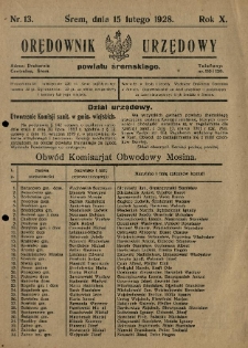Orędownik Urzędowy Powiatu Śremskiego. 1928.02.15 R.10 Nr13
