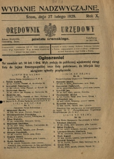 Orędownik Urzędowy Powiatu Śremskiego. 1928.02.27 R.10 Nr16
