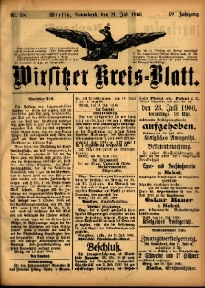 Wirsitzer Kreis-Blatt: herausgegeben vom K&ouml;niglichen Landraths-Amte 1906.07.21 Jg.62 Nr58