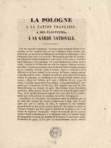 La Pologne &agrave; la nation fran&ccedil;aise, &agrave; ses &eacute;lecteurs, &agrave; sa garde nationale