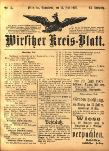 Wirsitzer Kreis-Blatt: herausgegeben vom K&ouml;niglichen Landraths-Amte 1907.07.13 Jg.63 Nr56