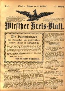 Wirsitzer Kreis-Blatt: herausgegeben vom K&ouml;niglichen Landraths-Amte 1907.07.31 Jg.63 Nr61