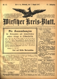Wirsitzer Kreis-Blatt: herausgegeben vom K&ouml;niglichen Landraths-Amte 1907.08.07 Jg.63 Nr63