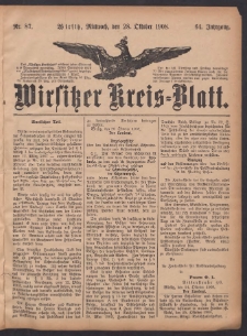 Wirsitzer Kreis-Blatt: herausgegeben vom Königlichen Landraths-Amte 1908.10.28 Jg.64 Nr87