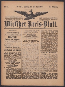 Wirsitzer Kreis-Blatt: herausgegeben vom K&ouml;niglichen Landraths-Amte 1909.06.22 Jg.65 Nr72