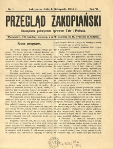 Przegląd Zakopiański : czasopismo poświęcone sprawom Tatr i Podhala 1904.11.01 R.6 Nr1