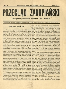 Przegląd Zakopiański : czasopismo poświęcone sprawom Tatr i Podhala 1905.02.15 R.7 Nr4