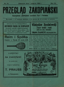 Przegląd Zakopiański : czasopismo poświęcone sprawom Tatr i Podhala 1905.08.01 R.7 Nr16