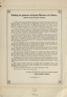 Gründung des polnischen historischen Museums in der Schweiz. Aufruf an die Freunde Polens