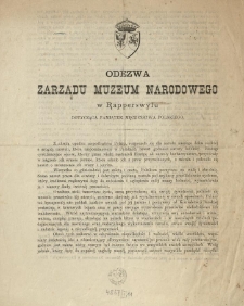 Odezwa Zarządu Muzeum Narodowego w Rapperswylu dotycząca pamiątek męczeństwa polskiego