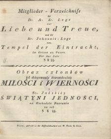 Mitgliederverzeichniss der Deputirten Alt Schottischen Loge Liebe und Treue, und der St. Johannis-Loge zum der Tempel Eintracht im Orient zu Posen für das Jahr 5823/24