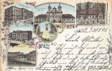 Gruss aus Posen. B&uuml;rgerschule. Franziskaner-Kirche. Schilling. Ober-Landesgericht. [Bamberka]. Berliner Tor.