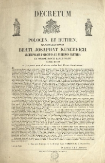Decretum Polocen. et Ruthen. Canonizationis Beati Josaphat Kuncevicii Archiepiscopi Polocensis et Ruthensis Martyris ex Ordine Sancti Basilii Magni Super Dubio