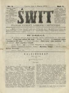 Świt : tygodnik naukowy, literacki i artystyczny. 1872.03.02 R.1 Nr5