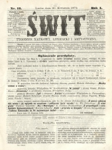 Świt : tygodnik naukowy, literacki i artystyczny. 1872.04.20 R.1 Nr12