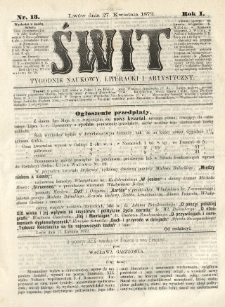Świt : tygodnik naukowy, literacki i artystyczny. 1872.04.27 R.1 Nr13