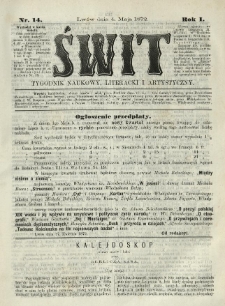 Świt : tygodnik naukowy, literacki i artystyczny. 1872.05.04 R.1 Nr14