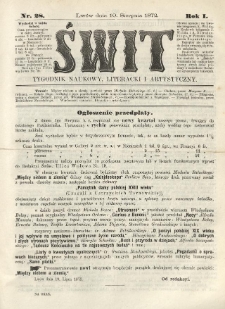Świt : tygodnik naukowy, literacki i artystyczny. 1872.08.10 R.1 Nr28