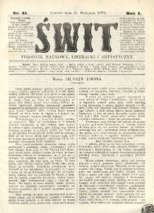 Świt : tygodnik naukowy, literacki i artystyczny. 1872.08.31 R.1 Nr31