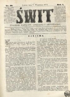 Świt : tygodnik naukowy, literacki i artystyczny. 1872.09.07 R.1 Nr32
