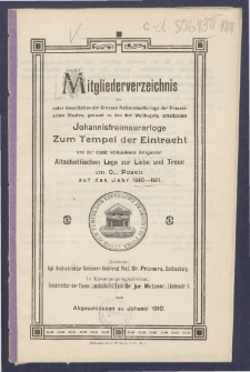 Mitgliederverzeichniss der unter Constitution der Grossen National-Mutter-Loge der Preussischen Staaten genannt zu den drei Weltkugeln arbeitenden Sanct Johannis Freimaurer-Loge zum Tempel der Eintracht und der damit verbundenen Delegirten Altschottischen Loge zur Liebe und Treue im Orient zu Posen f&uuml;r das Jahr ... = Obraz członk&oacute;w Loż pracujących pod konstytucyą M. L. W. Narodowej kraj&oacute;w Pruskich, zwanej trzech kul świata S. Jańskiej w. m. Świątyni Jedności i połączonej z nią Delegowanej L. Staroszkockiej Miłości i Wierności na Wsch. m. Poznania na rok...