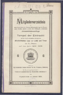 Mitgliederverzeichniss der unter Constitution der Grossen National-Mutter-Loge der Preussischen Staaten genannt zu den drei Weltkugeln arbeitenden Sanct Johannis Freimaurer-Loge zum Tempel der Eintracht und der damit verbundenen Delegirten Altschottischen Loge zur Liebe und Treue im Orient zu Posen für das Jahr ... = Obraz członków Loż pracujących pod konstytucyą M. L. W. Narodowej krajów Pruskich, zwanej trzech kul świata S. Jańskiej w. m. Świątyni Jedności i połączonej z nią Delegowanej L. Staroszkockiej Miłości i Wierności na Wsch. m. Poznania na rok...