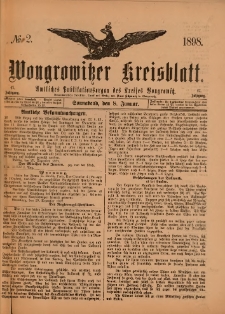 Wongrowitzer Kreisblatt: Amtliches Publikationsorgan des Kreises Wongrowitz 1898.01.08.Jg.47 Nr 2