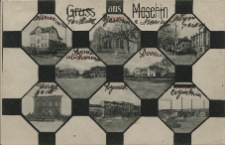 Gruss aus Moschin [plaster miodu]: Molkerei. Gasanstalt. Dampfmühle. Markt mit Bahnhofstrasse. Bahnhof. Post. Marktplatz. Zuckerfabrik [!].