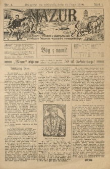 Mazur : pismo z obrazkami poświęcone Mazurom wyznania ewangelickiego. 1906.07.15 R.1 nr4