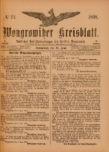 Wongrowitzer Kreisblatt: Amtliches Publikationsorgan des Kreises Wongrowitz 1898.06.11.Jg.47 Nr 24