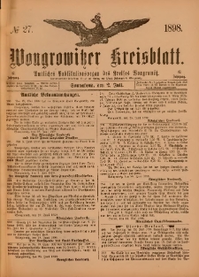 Wongrowitzer Kreisblatt: Amtliches Publikationsorgan des Kreises Wongrowitz 1898.07.02.Jg.47 Nr 27