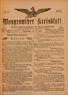 Wongrowitzer Kreisblatt: Amtliches Publikationsorgan des Kreises Wongrowitz 1898.07.30.Jg.47 Nr 31