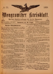 Wongrowitzer Kreisblatt: Amtliches Publikationsorgan des Kreises Wongrowitz 1898.08.20 Jg.47 Nr 34