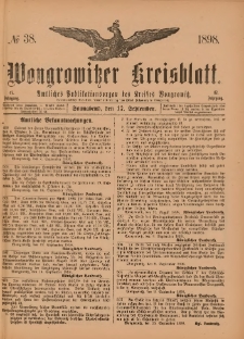 Wongrowitzer Kreisblatt: Amtliches Publikationsorgan des Kreises Wongrowitz 1898.09.17 Jg.47 Nr 38