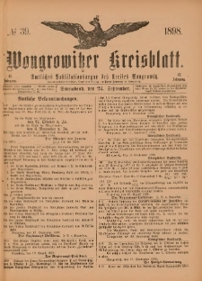 Wongrowitzer Kreisblatt: Amtliches Publikationsorgan des Kreises Wongrowitz 1898.09.24 Jg.47 Nr 39