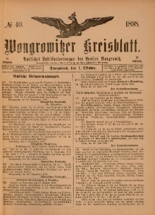 Wongrowitzer Kreisblatt: Amtliches Publikationsorgan des Kreises Wongrowitz 1898.10.01 Jg.47 Nr 40