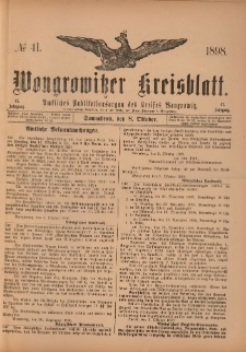 Wongrowitzer Kreisblatt: Amtliches Publikationsorgan des Kreises Wongrowitz 1898.10.08 Jg.47 Nr 41