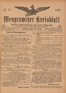Wongrowitzer Kreisblatt: Amtliches Publikationsorgan des Kreises Wongrowitz 1898.10.22 Jg.47 Nr 43