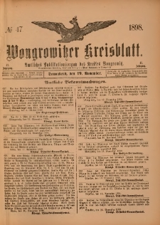 Wongrowitzer Kreisblatt: Amtliches Publikationsorgan des Kreises Wongrowitz 1898.11.19 Jg.47 Nr 47