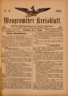 Wongrowitzer Kreisblatt: Amtliches Publikationsorgan des Kreises Wongrowitz 1899.08.05.Jg.48 Nr 31