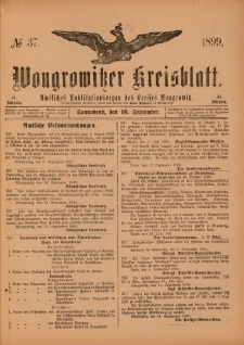 Wongrowitzer Kreisblatt: Amtliches Publikationsorgan des Kreises Wongrowitz 1899.09.16.Jg.48 Nr 37
