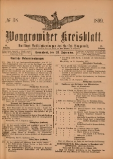 Wongrowitzer Kreisblatt: Amtliches Publikationsorgan des Kreises Wongrowitz 1899.09.23.Jg.48 Nr 38