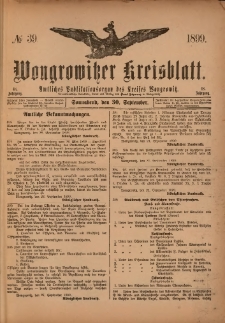 Wongrowitzer Kreisblatt: Amtliches Publikationsorgan des Kreises Wongrowitz 1899.09.30.Jg.48 Nr 39