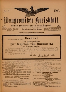 Wongrowitzer Kreisblatt: Amtliches Publikationsorgan des Kreises Wongrowitz 1900.01.20.Jg.49 Nr 3