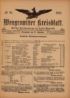 Wongrowitzer Kreisblatt: Amtliches Publikationsorgan des Kreises Wongrowitz 1900.11.17.Jg.49 Nr 46