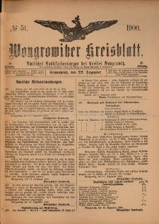 Wongrowitzer Kreisblatt: Amtliches Publikationsorgan des Kreises Wongrowitz 1900.12.22.Jg.49 Nr 51